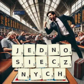 Kreatywna ilustracja do gry w Scrabble ze słowem JEDNOSIECZNYCH ułożonym z płytek na planszy.