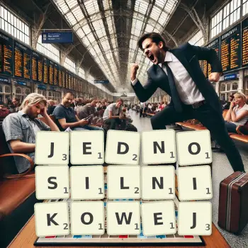 Kreatywna ilustracja do gry w Scrabble ze słowem JEDNOSILNIKOWEJ ułożonym z płytek na planszy.