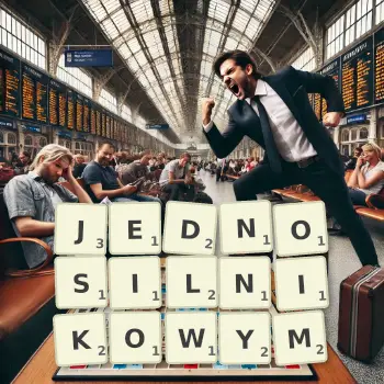 Kreatywna ilustracja do gry w Scrabble ze słowem JEDNOSILNIKOWYM ułożonym z płytek na planszy.