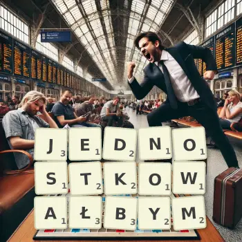 Kreatywna ilustracja do gry w Scrabble ze słowem JEDNOSTKOWAŁBYM ułożonym z płytek na planszy.