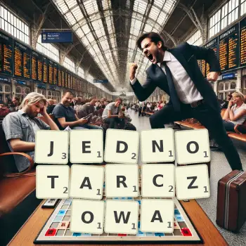 Kreatywna ilustracja do gry w Scrabble ze słowem JEDNOTARCZOWA ułożonym z płytek na planszy.