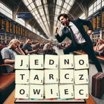 Kreatywna ilustracja do gry w Scrabble ze słowem JEDNOTARCZOWIEC ułożonym z płytek na planszy.