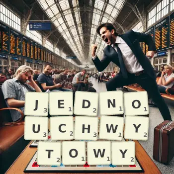 Kreatywna ilustracja do gry w Scrabble ze słowem JEDNOUCHWYTOWY ułożonym z płytek na planszy.