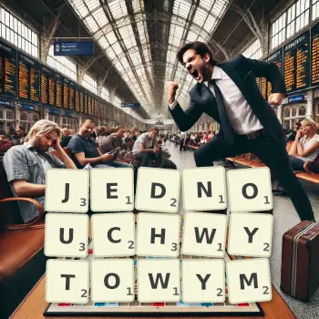 Kreatywna ilustracja do gry w Scrabble ze słowem JEDNOUCHWYTOWYM ułożonym z płytek na planszy.