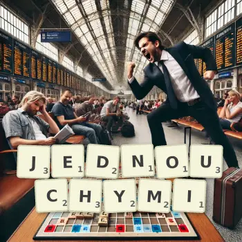 Kreatywna ilustracja do gry w Scrabble ze słowem JEDNOUCHYMI ułożonym z płytek na planszy.
