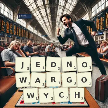 Kreatywna ilustracja do gry w Scrabble ze słowem JEDNOWARGOWYCH ułożonym z płytek na planszy.