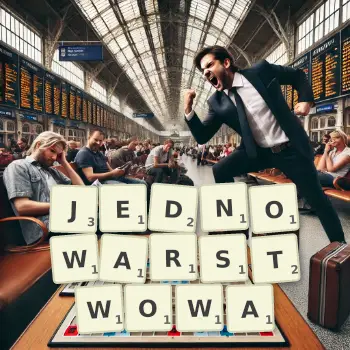 Kreatywna ilustracja do gry w Scrabble ze słowem JEDNOWARSTWOWA ułożonym z płytek na planszy.