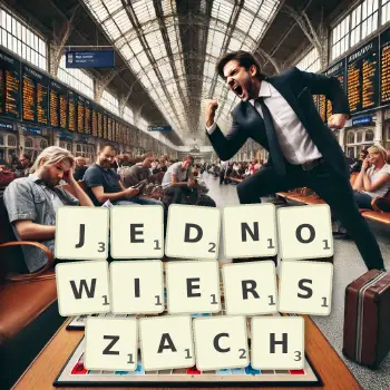 Kreatywna ilustracja do gry w Scrabble ze słowem JEDNOWIERSZACH ułożonym z płytek na planszy.