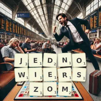 Kreatywna ilustracja do gry w Scrabble ze słowem JEDNOWIERSZOM ułożonym z płytek na planszy.