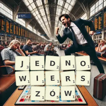 Kreatywna ilustracja do gry w Scrabble ze słowem JEDNOWIERSZÓW ułożonym z płytek na planszy.