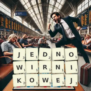Kreatywna ilustracja do gry w Scrabble ze słowem JEDNOWIRNIKOWEJ ułożonym z płytek na planszy.