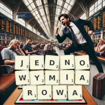 Kreatywna ilustracja do gry w Scrabble ze słowem JEDNOWYMIAROWA ułożonym z płytek na planszy.