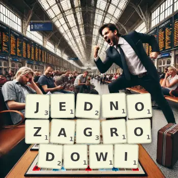 Kreatywna ilustracja do gry w Scrabble ze słowem JEDNOZAGRODOWI ułożonym z płytek na planszy.