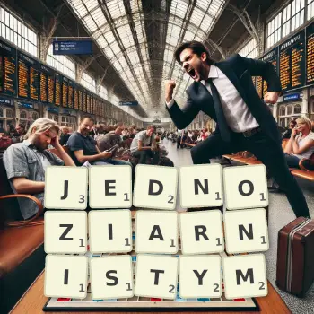 Kreatywna ilustracja do gry w Scrabble ze słowem JEDNOZIARNISTYM ułożonym z płytek na planszy.