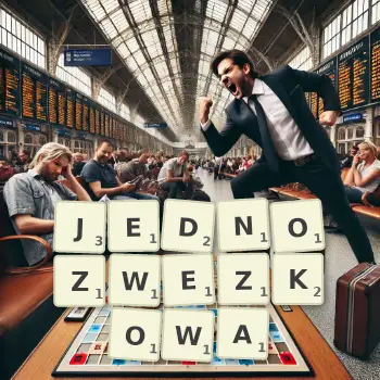 Kreatywna ilustracja do gry w Scrabble ze słowem JEDNOZWEZKOWA ułożonym z płytek na planszy.