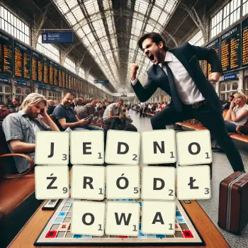 Kreatywna ilustracja do gry w Scrabble ze słowem JEDNOŹRÓDŁOWA ułożonym z płytek na planszy.