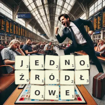 Kreatywna ilustracja do gry w Scrabble ze słowem JEDNOŹRÓDŁOWE ułożonym z płytek na planszy.