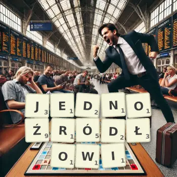 Kreatywna ilustracja do gry w Scrabble ze słowem JEDNOŹRÓDŁOWI ułożonym z płytek na planszy.
