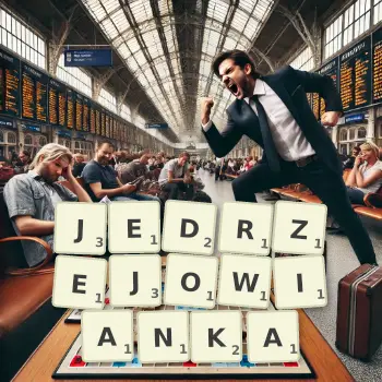 Kreatywna ilustracja do gry w Scrabble ze słowem JEDRZEJOWIANKA ułożonym z płytek na planszy.