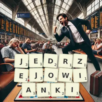 Kreatywna ilustracja do gry w Scrabble ze słowem JEDRZEJOWIANKI ułożonym z płytek na planszy.