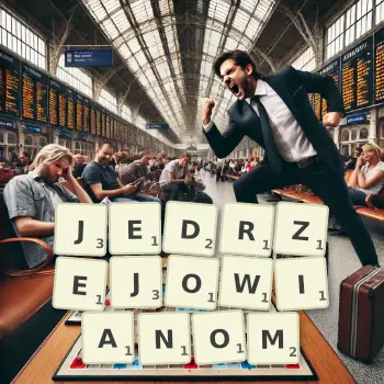 Kreatywna ilustracja do gry w Scrabble ze słowem JEDRZEJOWIANOM ułożonym z płytek na planszy.