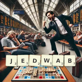 Kreatywna ilustracja do gry w Scrabble ze słowem JEDWAB ułożonym z płytek na planszy.