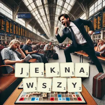 Kreatywna ilustracja do gry w Scrabble ze słowem JEKNAWSZY ułożonym z płytek na planszy.