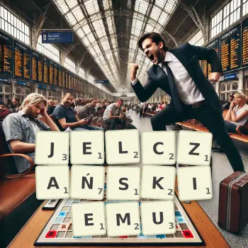 Kreatywna ilustracja do gry w Scrabble ze słowem JELCZAŃSKIEMU ułożonym z płytek na planszy.