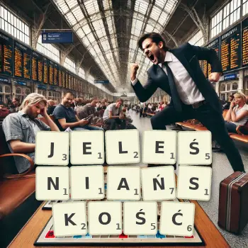 Kreatywna ilustracja do gry w Scrabble ze słowem JELEŚNIAŃSKOŚĆ ułożonym z płytek na planszy.