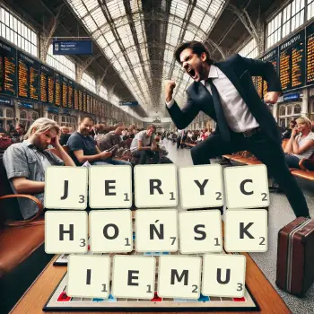 Kreatywna ilustracja do gry w Scrabble ze słowem JERYCHOŃSKIEMU ułożonym z płytek na planszy.