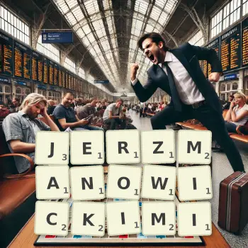 Kreatywna ilustracja do gry w Scrabble ze słowem JERZMANOWICKIMI ułożonym z płytek na planszy.