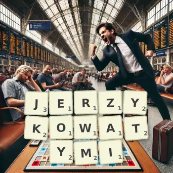 Kreatywna ilustracja do gry w Scrabble ze słowem JERZYKOWATYMI ułożonym z płytek na planszy.