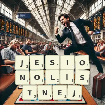 Kreatywna ilustracja do gry w Scrabble ze słowem JESIONOLISTNEJ ułożonym z płytek na planszy.