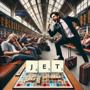 Kreatywna ilustracja do gry w Scrabble ze słowem JET ułożonym z płytek na planszy.