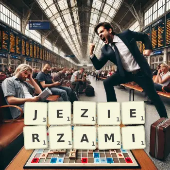 Kreatywna ilustracja do gry w Scrabble ze słowem JEZIERZAMI ułożonym z płytek na planszy.