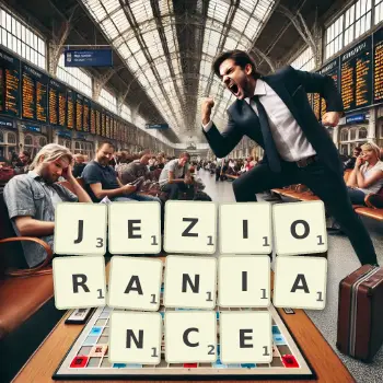 Kreatywna ilustracja do gry w Scrabble ze słowem JEZIORANIANCE ułożonym z płytek na planszy.