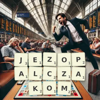 Kreatywna ilustracja do gry w Scrabble ze słowem JEZOPALCZAKOM ułożonym z płytek na planszy.