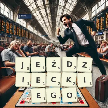Kreatywna ilustracja do gry w Scrabble ze słowem JEŹDZIECKIEGO ułożonym z płytek na planszy.