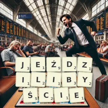 Kreatywna ilustracja do gry w Scrabble ze słowem JEŹDZILIBYŚCIE ułożonym z płytek na planszy.