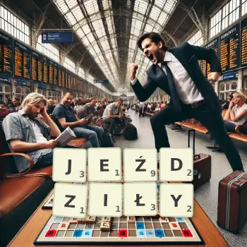 Kreatywna ilustracja do gry w Scrabble ze słowem JEŹDZIŁY ułożonym z płytek na planszy.