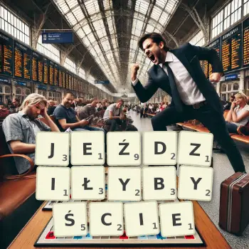 Kreatywna ilustracja do gry w Scrabble ze słowem JEŹDZIŁYBYŚCIE ułożonym z płytek na planszy.