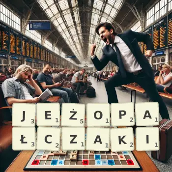 Kreatywna ilustracja do gry w Scrabble ze słowem JEŻOPAŁCZAKI ułożonym z płytek na planszy.