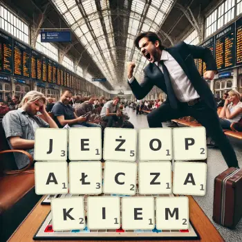 Kreatywna ilustracja do gry w Scrabble ze słowem JEŻOPAŁCZAKIEM ułożonym z płytek na planszy.