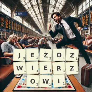 Kreatywna ilustracja do gry w Scrabble ze słowem JEŻOZWIERZOWI ułożonym z płytek na planszy.