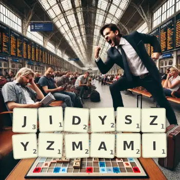 Kreatywna ilustracja do gry w Scrabble ze słowem JIDYSZYZMAMI ułożonym z płytek na planszy.
