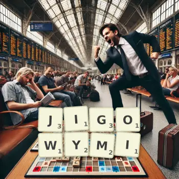 Kreatywna ilustracja do gry w Scrabble ze słowem JIGOWYMI ułożonym z płytek na planszy.