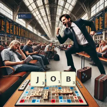 Kreatywna ilustracja do gry w Scrabble ze słowem JOB ułożonym z płytek na planszy.