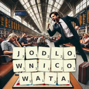 Kreatywna ilustracja do gry w Scrabble ze słowem JODLOWNICOWATA ułożonym z płytek na planszy.