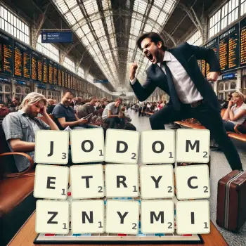 Kreatywna ilustracja do gry w Scrabble ze słowem JODOMETRYCZNYMI ułożonym z płytek na planszy.
