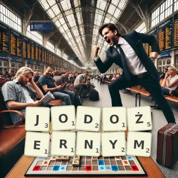 Kreatywna ilustracja do gry w Scrabble ze słowem JODOŻERNYM ułożonym z płytek na planszy.